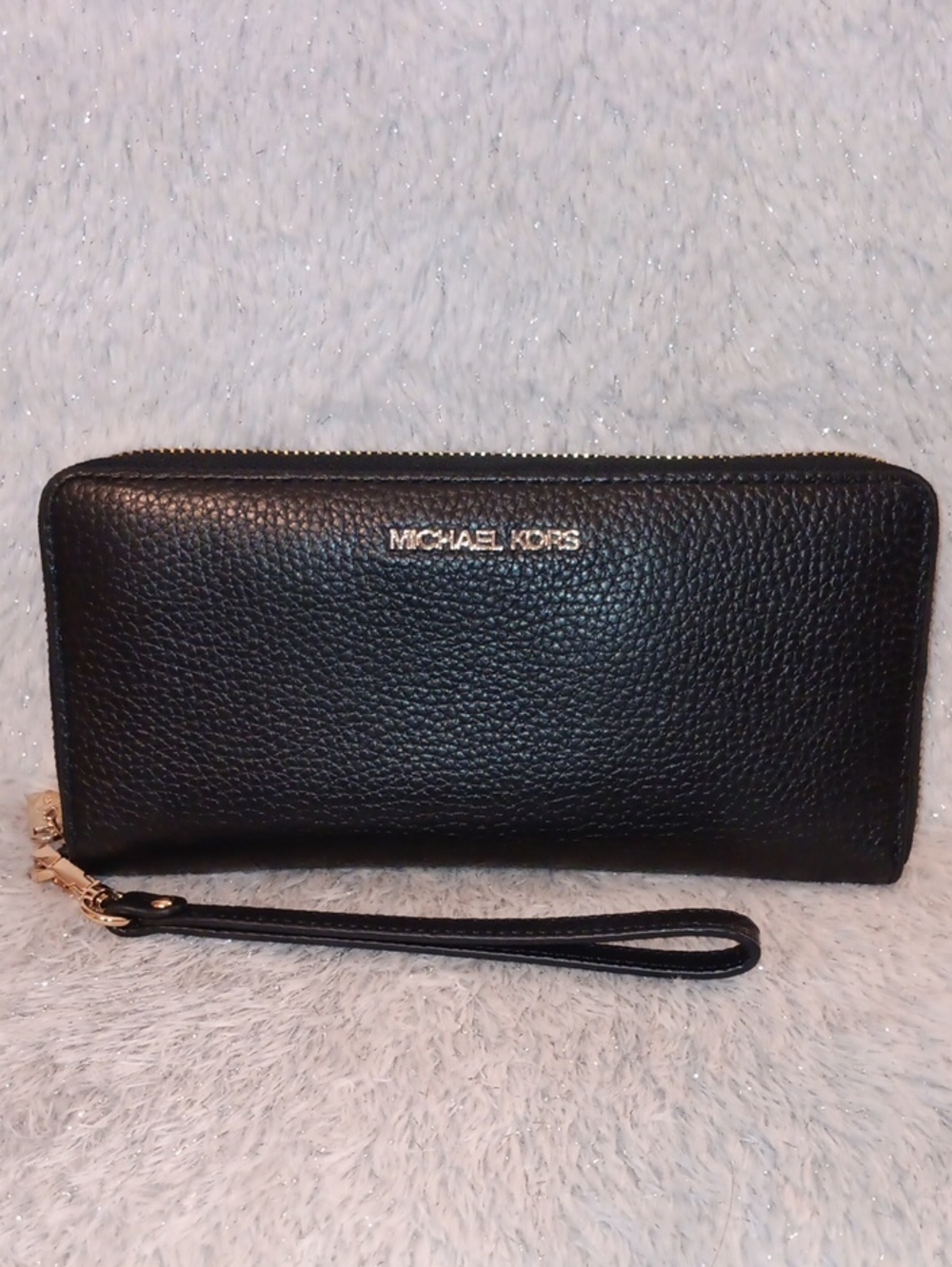 Michael Kors Black Pebbled Leather Zip-Around Wristlet Wallet with Gold Hardware
